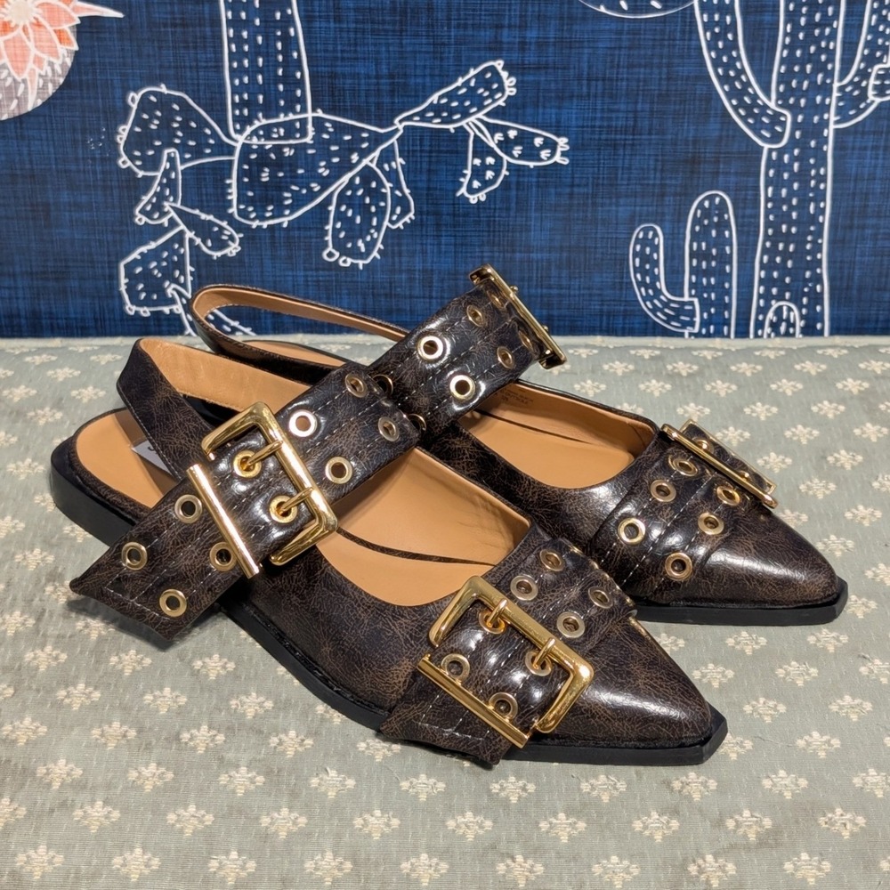 Steve Madden Graya Buckle Grommet Pointed Toe Slingback Flats Brown Size 9M - Picture 2 of 8